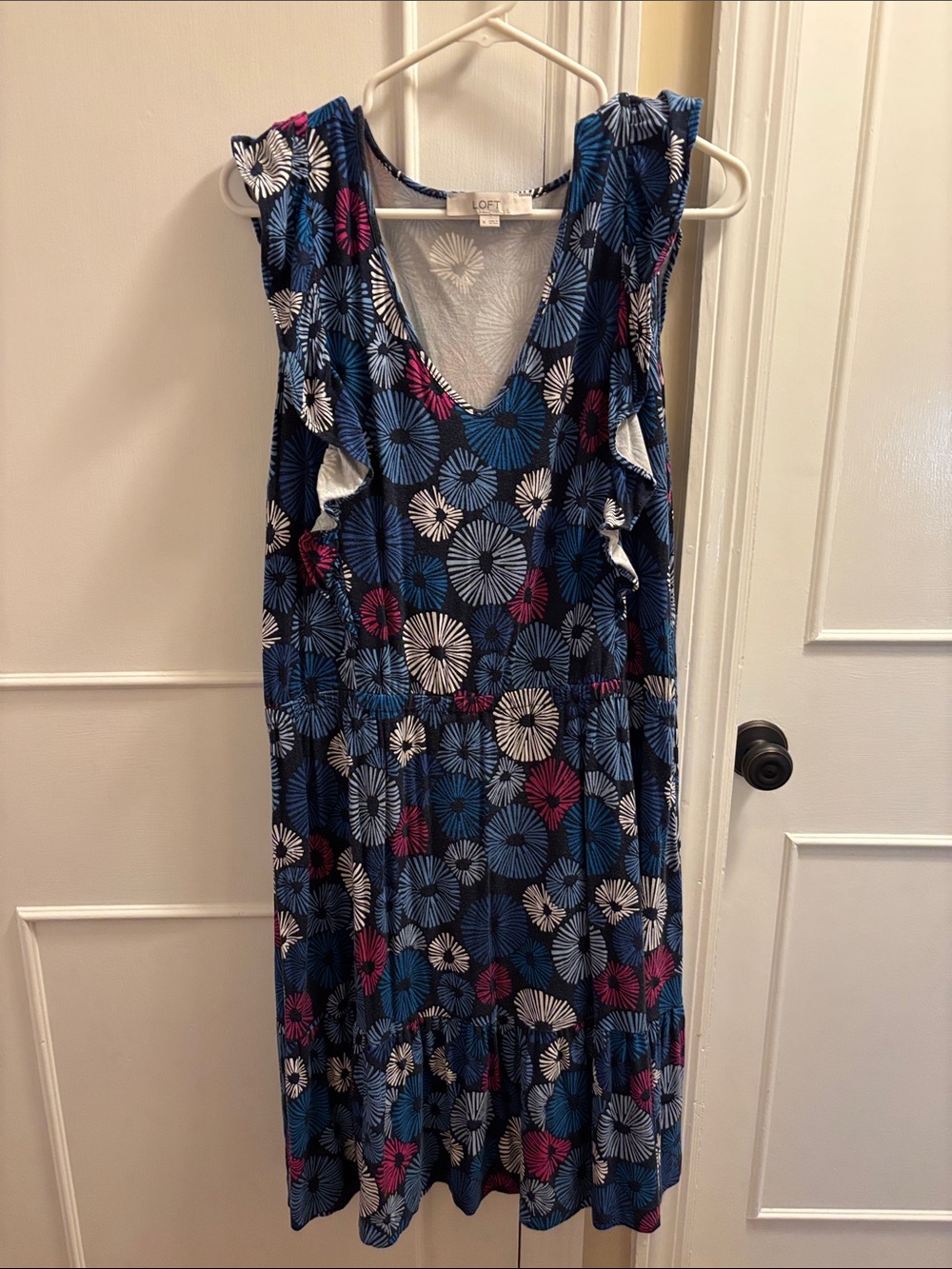LOFT Navy Blue Floral V-Neck Tiered Dress with Pink & White Accents